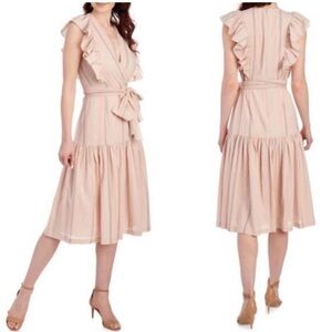 Rebecca Taylor Dress Pink Stripe Ruffle Cap Sleeve BOHO Full Skirt Belted 6